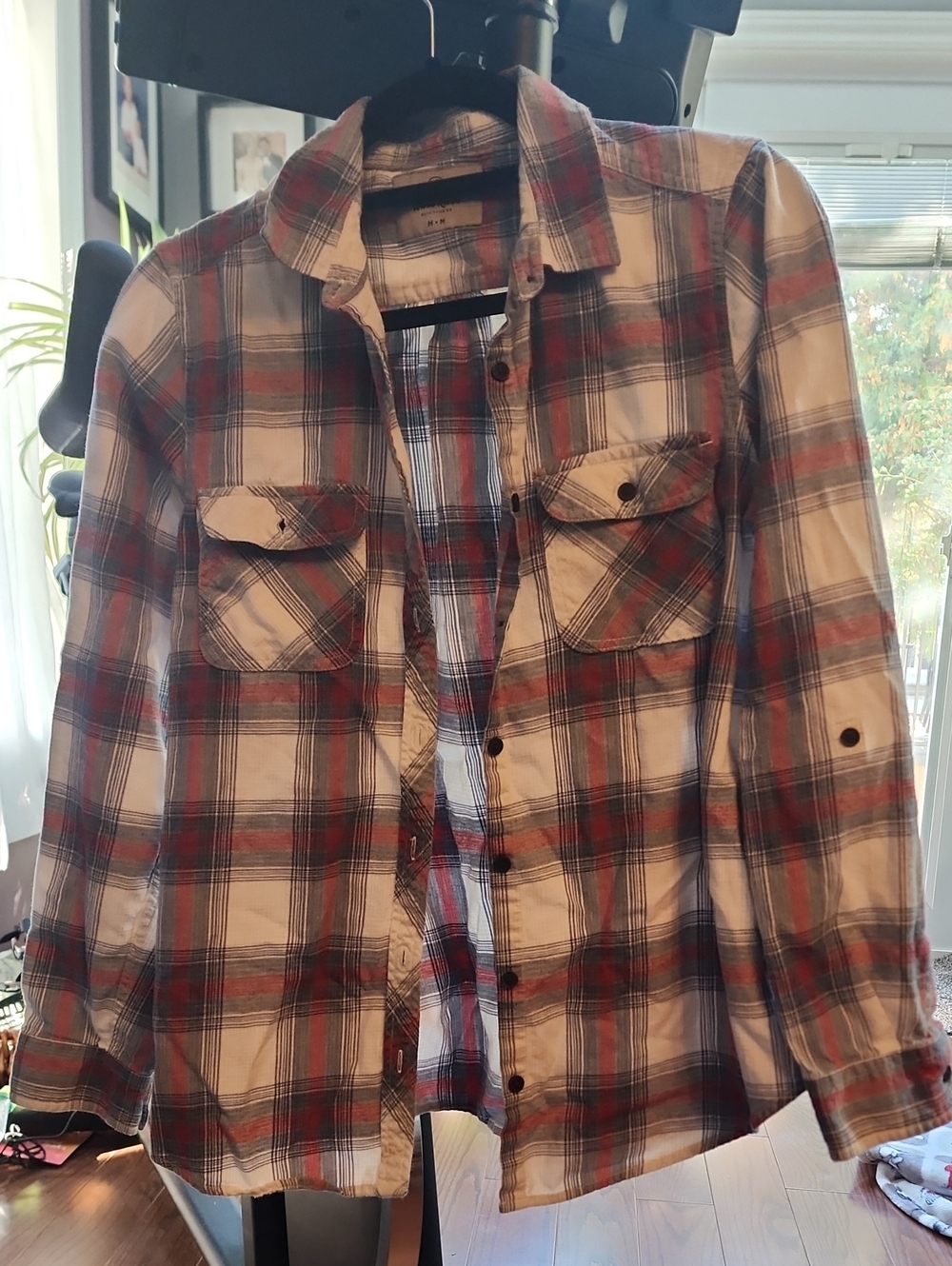 Women's Plaid Button-Up Shirt - Red, Blue & White.